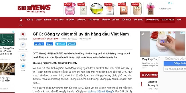Báo VTC News đánh giá về dich vụ diệt mối GFC 